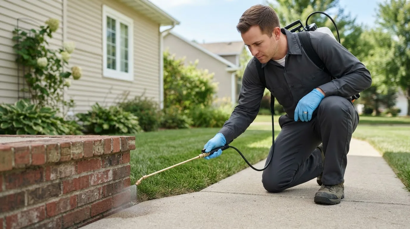 Pest control technician treating a home near Jefferson, MA